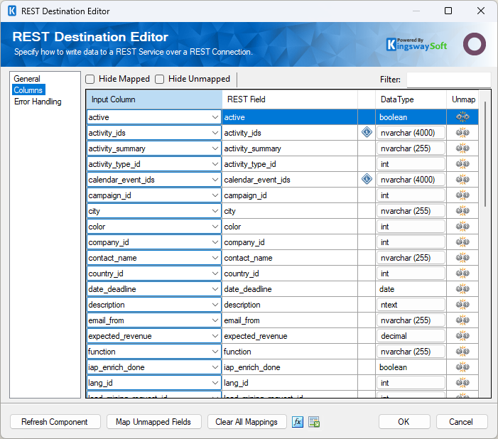 SSIS Odoo REST Destination - Columns